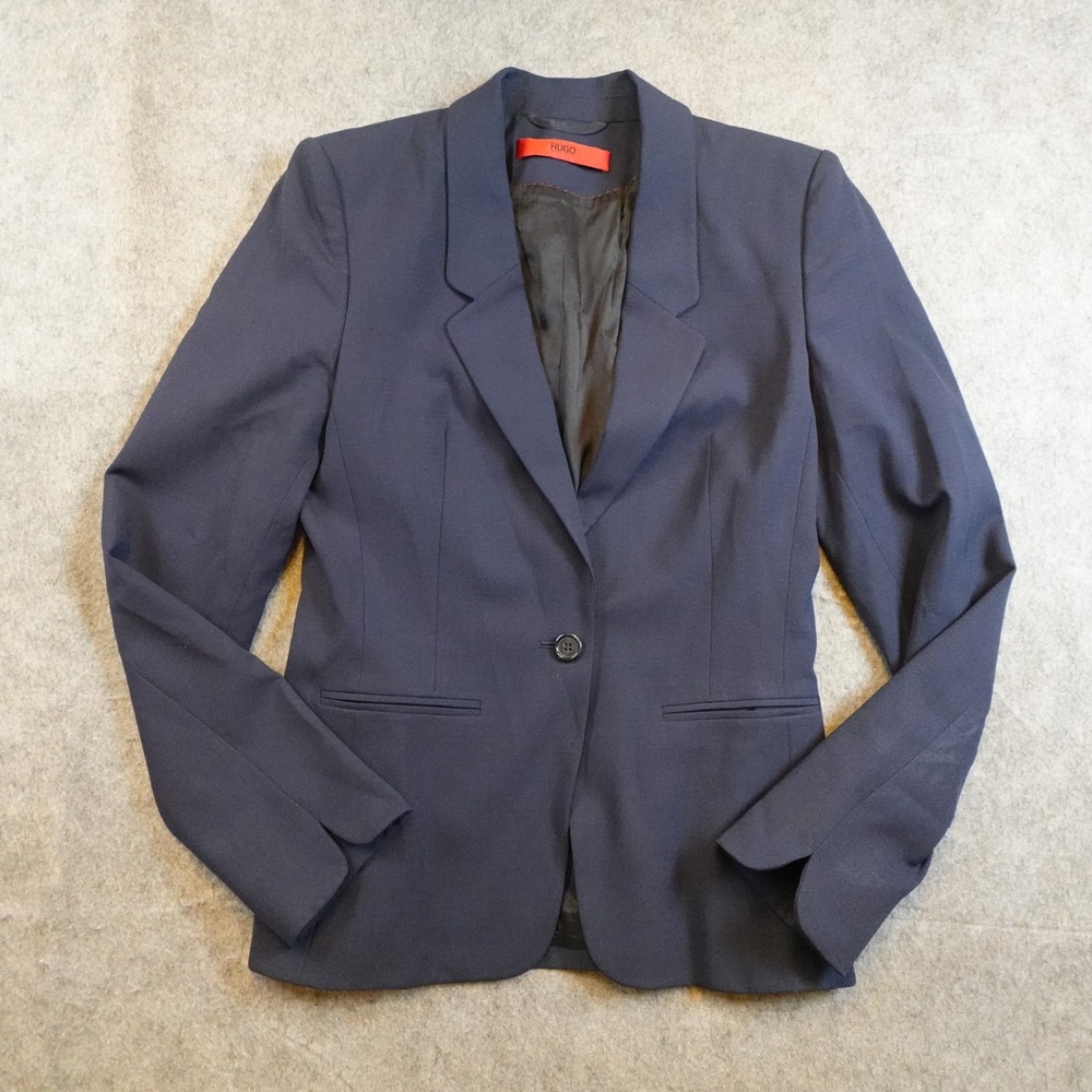 Hugo Blazer Women 2 Navy Blue Wool Blend Single Button Abea Professional Jacket